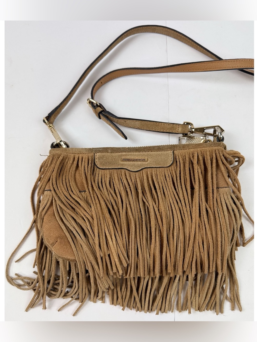 Rebecca Minkoff Tan Fringe Suede Leather Crossbody Clutch Purse Boho Western